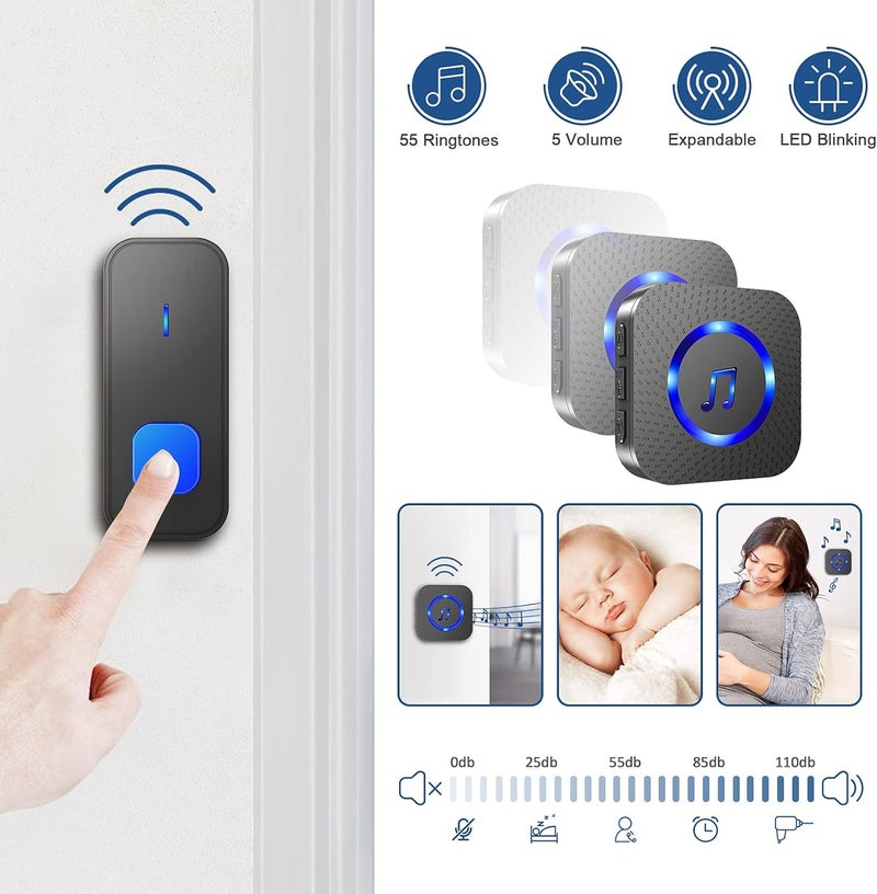 SURFOU Wireless Doorbell, Waterproof, Easy installation -1300ft Range 55 Chimes, 5 Adjustable Volume Levels - LED Flash (1 Button+2 Receivers) - Image 5